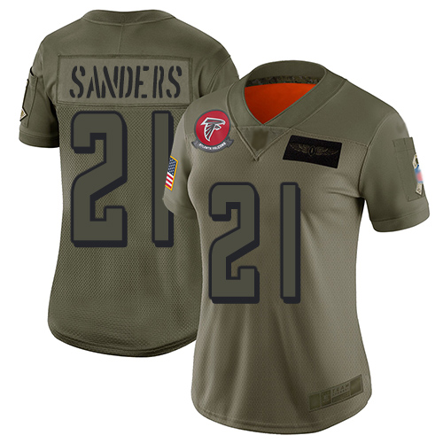 Atlanta Falcons #21 Deion Sanders Camo Women's Stitched Limited 2019 Salute to Service Jersey Womens