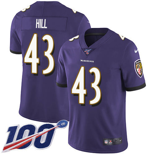Baltimore Ravens #43 Justice Hill Purple Team Color Men's Stitched 100th Season Vapor Untouchable Limited Jersey Men's