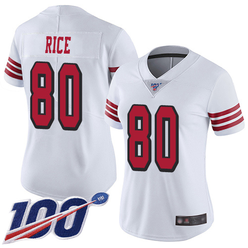 49ers #80 Jerry Rice White Rush Women's Stitched Limited 100th Season Jersey