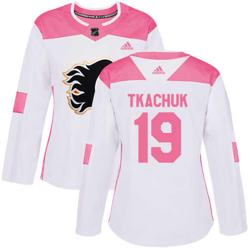 Adidas Calgary Flames #19 Matthew Tkachuk White/Pink Authentic Fashion Women's Stitched Jersey Womens