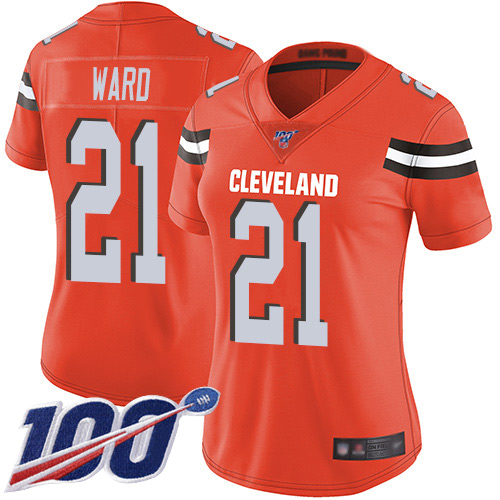 Browns #21 Denzel Ward Orange Alternate Women's Stitched 100th Season Vapor Limited Jersey