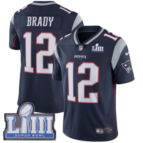 Patriots #12 Tom Brady Navy Blue Team Color Super Bowl LIII Bound Youth Stitched Vapor Untouchable Limited Jersey