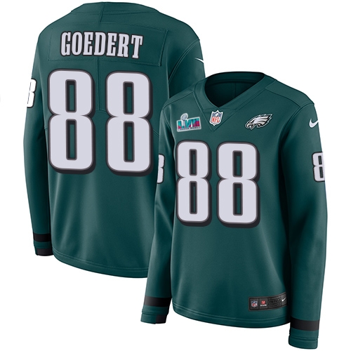 Eagles #88 Dallas Goedert Green Super Bowl LVII Patch Team Color Women's Stitched Limited Therma Long Sleeve Jersey