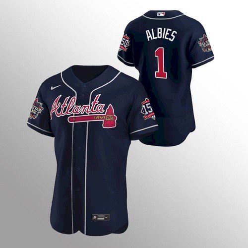 Atlanta Atlanta Braves #1 Ozzie Albies Men's 150th Anniversary 2021 World Series Authentic Jersey - Navy Men's