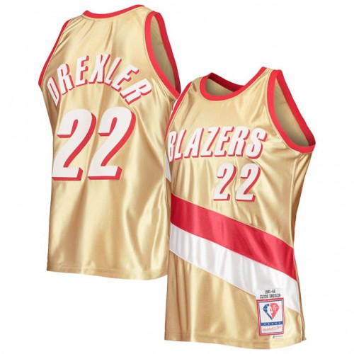 Portland Trail Blazers #22 Clyde Drexler Mens Gold Mitchell & Ness 75th Anniversary 1991-92 Hardwood Classics Swingman Jersey Mens