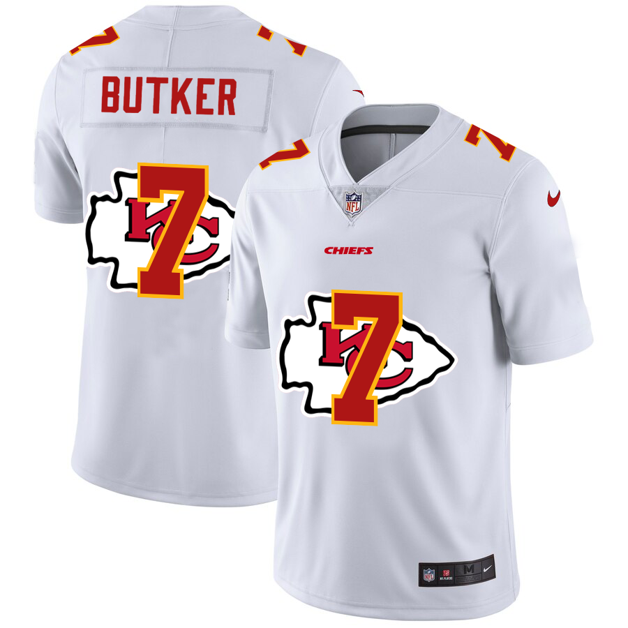Kansas City Chiefs #7 Harrison Butker White Men's Team Logo Dual Overlap Limited Jersey