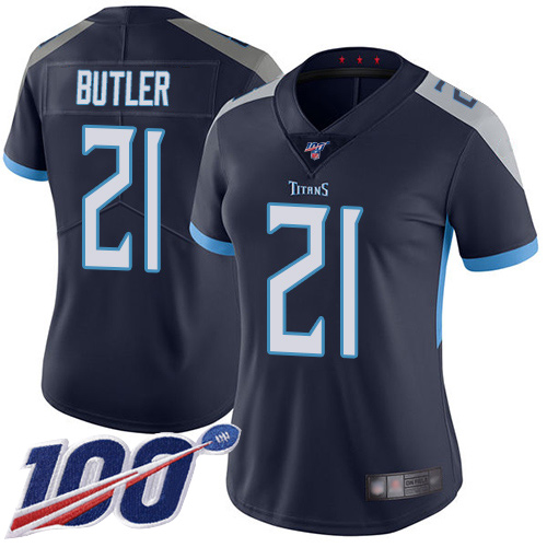 Tennessee Titans #21 Malcolm Butler Navy Blue Team Color Women's Stitched 100th Season Vapor Limited Jersey Womens