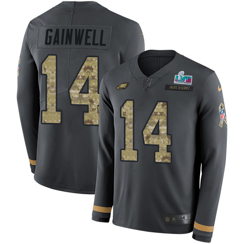 Eagles #14 Kenneth Gainwell Anthracite Salute To Service Super Bowl LVII Patch Youth Stitched Limited Therma Long Sleeve Jersey