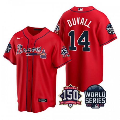 Atlanta Atlanta Braves #14 Adam Duvall 150th Anniversary 2021 World Series Youth Jersey - Red Youth