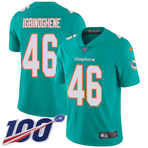 Miami Dolphins #46 Noah Igbinoghene Aqua Green Team Color Youth Stitched 100th Season Vapor Untouchable Limited Jersey Youth