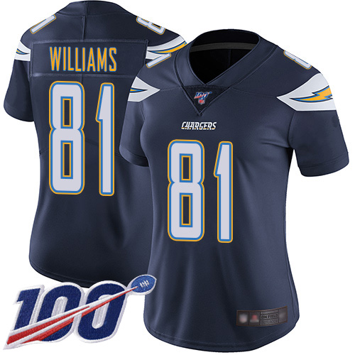 Los Angeles Chargers #81 Mike Williams Navy Blue Team Color Women's Stitched 100th Season Vapor Limited Jersey Womens
