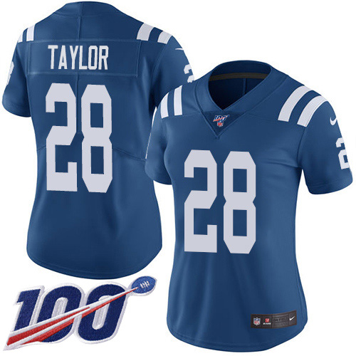 Colts #28 Jonathan Taylor Royal Blue Team Color Women's Stitched 100th Season Vapor Untouchable Limited Jersey