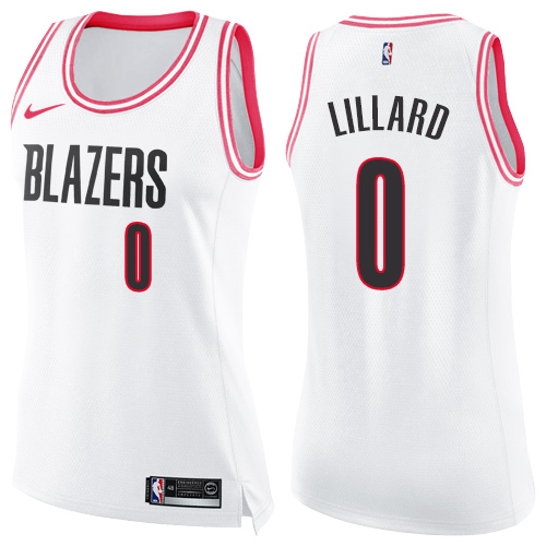 Portland Trail Blazers #0 Damian Lillard White/Pink Womens Swingman Fashion Jersey Womens