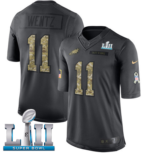 Philadelphia Eagles #11 Carson Wentz Black Super Bowl LII Youth Stitched Limited 2016 Salute to Service Jersey Youth