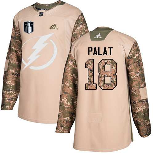 Adidas Tampa Bay Lightning #18 Ondrej Palat Camo Authentic 2022 Stanley Cup Final Patch Veterans Day Stitched Jersey Men's