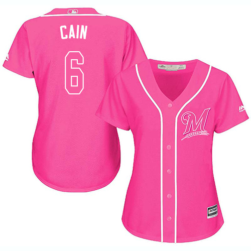 Milwaukee Brewers #6 Lorenzo Cain Pink Fashion Women's Stitched Jersey Womens