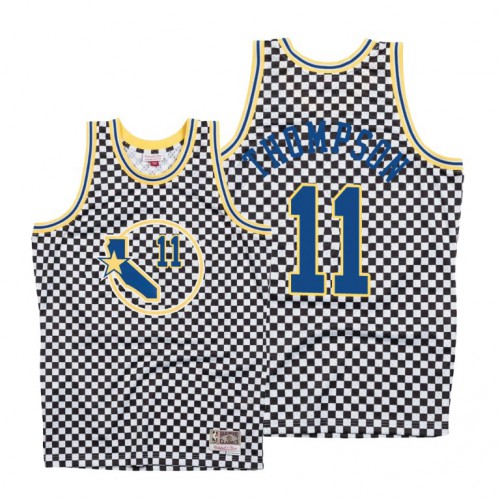 Mitchell & Ness Golden State Warriors #11 Klay Thompson Mens White Checkerboard HWC Throwback Jersey Mens