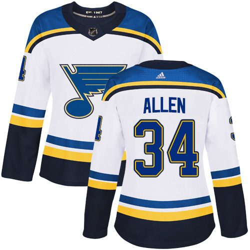 Adidas St. Louis Blues #34 Jake Allen White Road Authentic Women's Stitched Jersey Womens