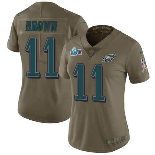 Eagles #11 A.J. Brown Olive Super Bowl LVII Patch Women's Stitched Limited 2017 Salute To Service Jersey