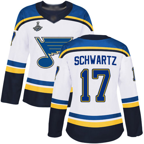 Adidas St. Louis Blues #17 Jaden Schwartz White Road Authentic Stanley Cup Champions Women's Stitched Jersey Womens
