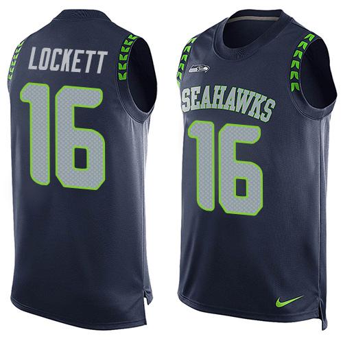 Seahawks #16 Tyler Lockett Steel Blue Team Color Men's Stitched Limited Tank Top Jersey