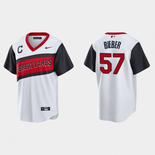 Cleveland Guardians #57 Shane Bieber Men's White 2021 Little League Class Game Jersey Men's