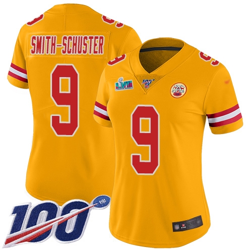 Chiefs #9 JuJu Smith-Schuster Gold Super Bowl LVII Patch Women's Stitched Limited Inverted Legend 100th Season Jersey