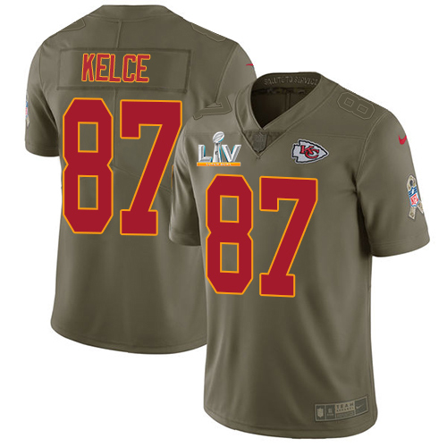 Chiefs #87 Travis Kelce Olive Men's Super Bowl LV Bound Stitched Limited 2017 Salute To Service Jersey