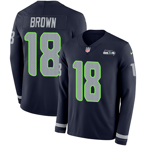 Seattle Seahawks #18 Jaron Brown Steel Blue Team Color Men's Stitched Limited Therma Long Sleeve Jersey Men's