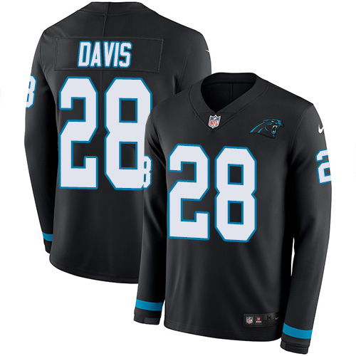 Carolina Panthers #28 Mike Davis Black Team Color Men's Stitched Limited Therma Long Sleeve Jersey Men's