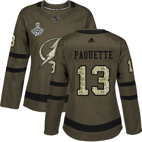 Adidas Tampa Bay Lightning #13 Cedric Paquette Green Salute to Service Women's 2020 Stanley Cup Champions Stitched Jersey Womens