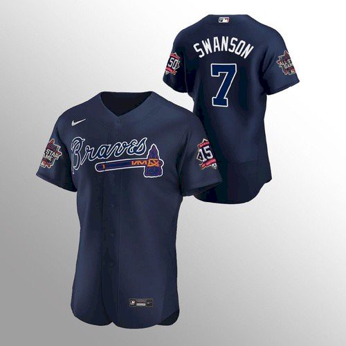 Atlanta Atlanta Braves #7 Dansby Swanson Men's 150th Anniversary 2021 World Series Authentic Jersey - Navy Men's