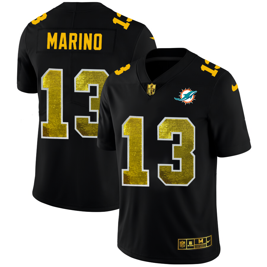 Miami Dolphins #13 Dan Marino Men's Black Golden Sequin Vapor Limited Jersey