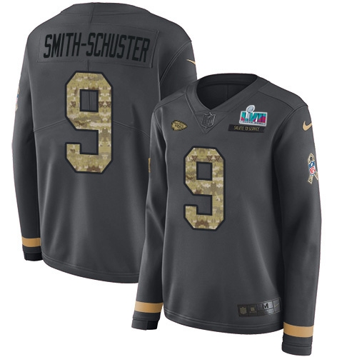 Chiefs #9 JuJu Smith-Schuster Anthracite Super Bowl LVII Patch Salute To Service Women's Stitched Limited Therma Long Sleeve Jersey