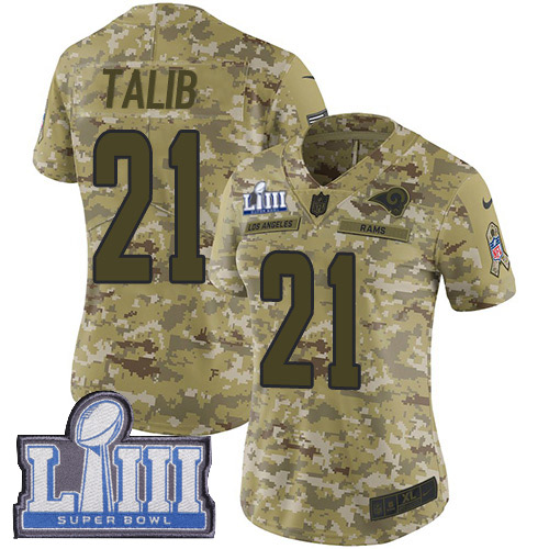Los Angeles Rams #21 Aqib Talib Camo Super Bowl LIII Bound Women's Stitched Limited 2018 Salute to Service Jersey Womens