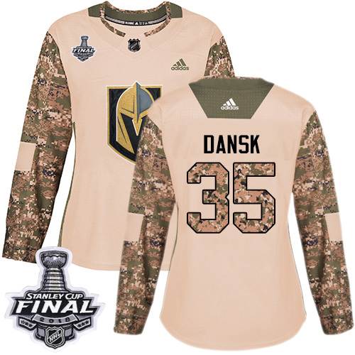Adidas Golden Vegas Golden Knights #35 Oscar Dansk Camo Authentic 2017 Veterans Day 2018 Stanley Cup Final Women's Stitched Jersey Womens
