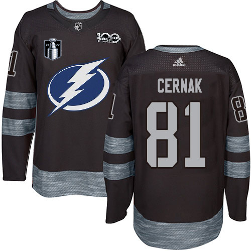 Adidas Tampa Bay Lightning #81 Erik Cernak Black 2022 Stanley Cup Final Patch 100th Anniversary Stitched Jersey Men's