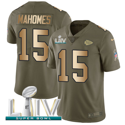 Chiefs #15 Patrick Mahomes Olive/Gold Super Bowl LIV 2020 Youth Stitched Limited 2017 Salute To Service Jersey
