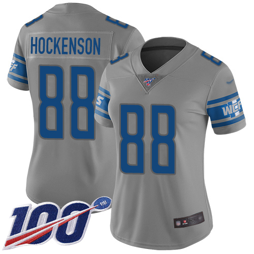 Detroit Lions #88 T.J. Hockenson Gray Women's Stitched Limited Inverted Legend 100th Season Jersey Womens