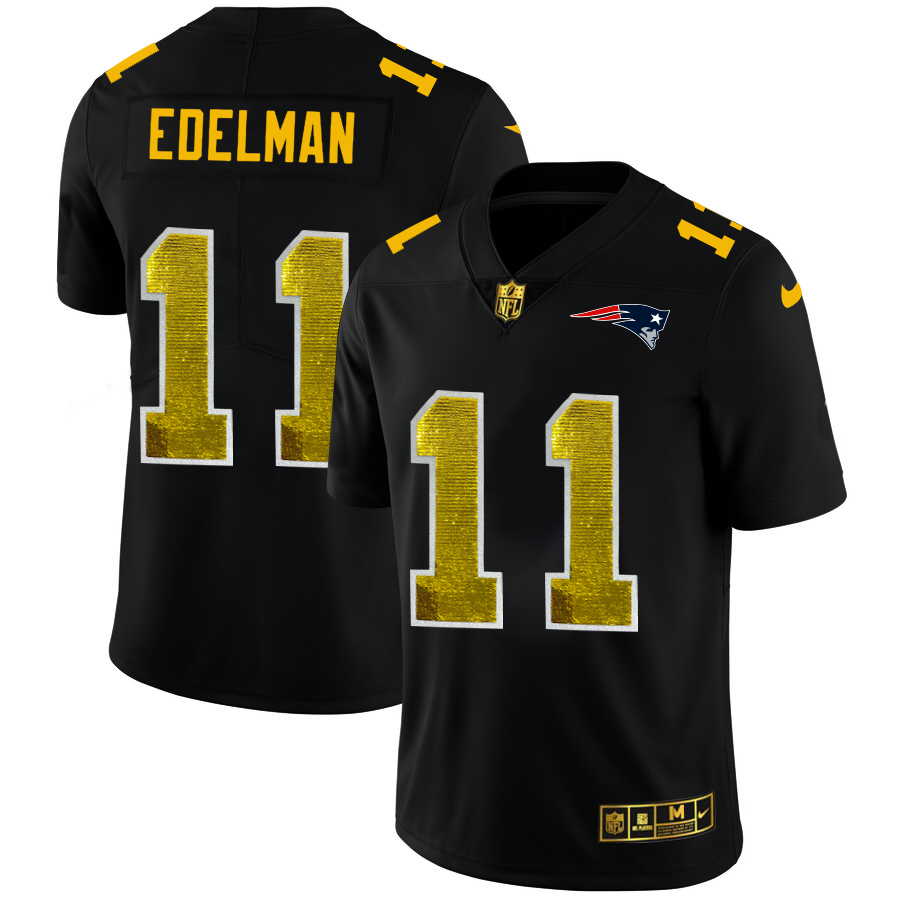 New England Patriots #11 Julian Edelman Men's Black Golden Sequin Vapor Limited Jersey