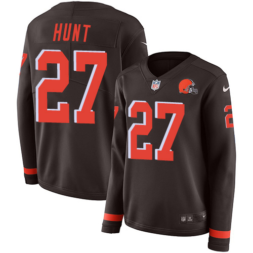Cleveland Browns #27 Kareem Hunt Brown Team Color Women's Stitched Limited Therma Long Sleeve Jersey Womens