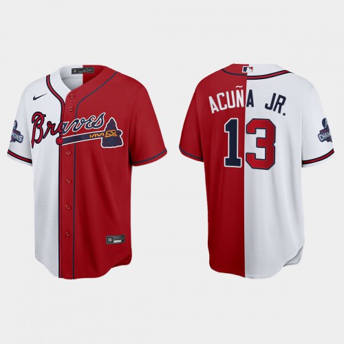 Atlanta Atlanta Braves #13 Ronald Acuna Jr. Men's 2021 World Series Champions Split Red White Stitched Jersey Men's