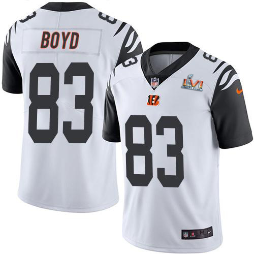 Bengals #83 Tyler Boyd White Super Bowl LVI Patch Youth Stitched Limited Rush Jersey