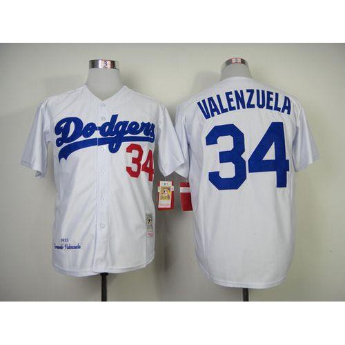 Mitchell And Ness 1955 Los Angeles Dodgers #34 Fernando Valenzuela White Throwback Stitched Jersey Men's