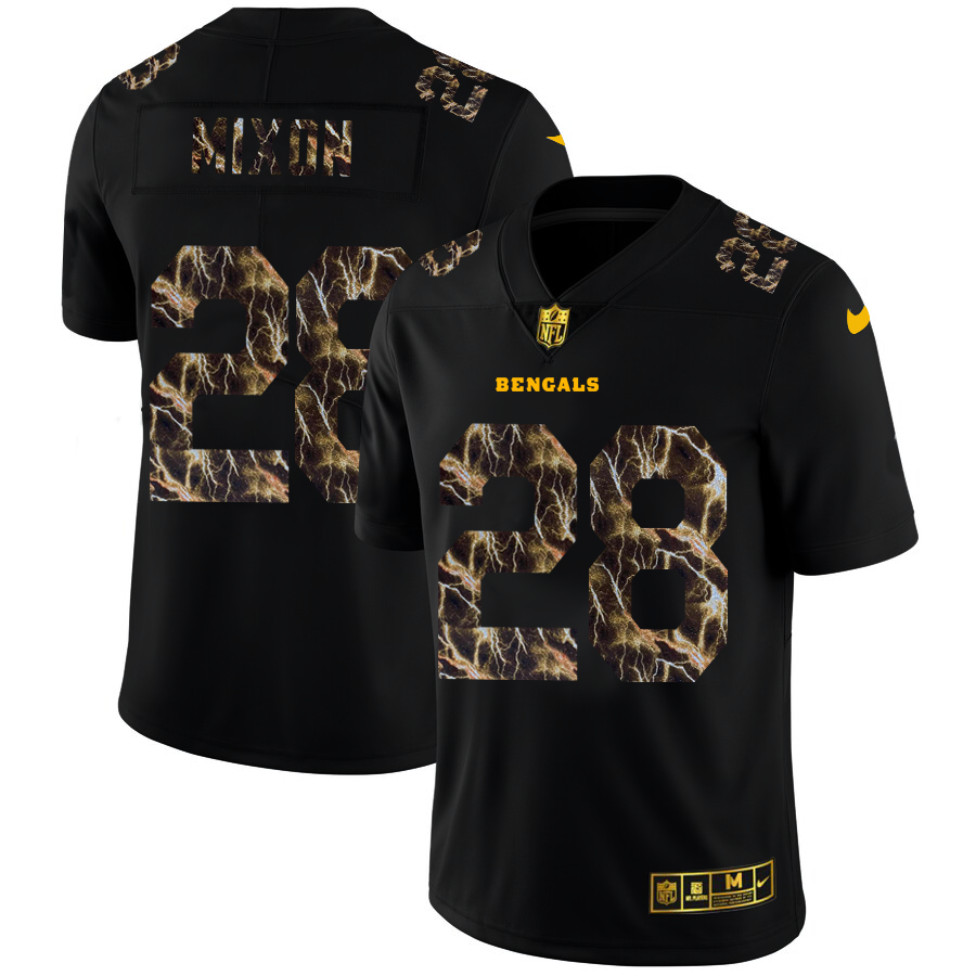 Cincinnati Bengals #28 Joe Mixon Men's Black Flocked Lightning Vapor Limited Jersey