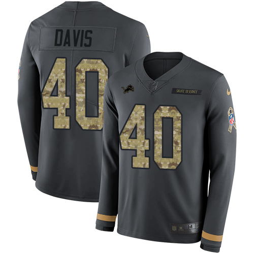 Detroit Lions #40 Jarrad Davis Anthracite Salute to Service Men's Stitched Limited Therma Long Sleeve Jersey Men's
