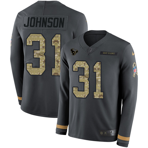 Houston Texans #31 David Johnson Anthracite Salute to Service Men's Stitched Limited Therma Long Sleeve Jersey Men's