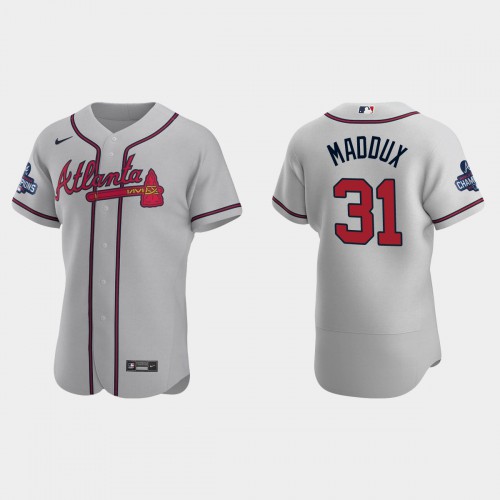 Atlanta Atlanta Braves #31 Greg Maddux Men's 2021 World Series Champions Patch Authentic Player Jersey - Gray Men's