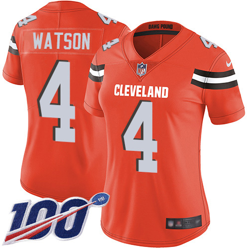 Browns #4 Deshaun Watson Orange Alternate Women's Stitched 100th Season Vapor Untouchable Limited Jersey