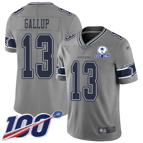 Cowboys #13 Michael Gallup Gray Men's Stitched With Established In 1960 Patch Limited Inverted Legend 100th Season Jersey
